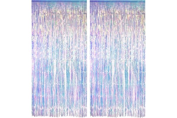 Iridescent Party Streamers Backdrop - GREATRIL Neon Transparent Holographic Tinsel Foil Fringe Curtain for Mermaid/Frozen/Sea