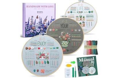 ETSPIL Embroidery Kit for Adult Beginners, 3-Pack 33-Stitch Practice Samplers, Pre-Stamped Patterns, 7.8-Inch Hoop, Threads &