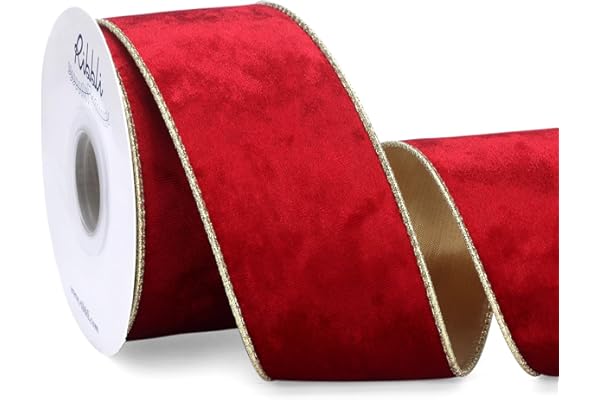 Ribbli Red Velvet Wired Ribbon 2.5 Inch Metallic Red Gold Crushed Velvet Christmas Ribbon for Gift Wrapping Christmas Tree De