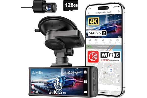 REDTIGER 4K STARVIS 2 Dash Cam Front and Rear, 5GHz WiFi 20MB/s Download, 128GB Card Included, Voice Control, Dash Camera for