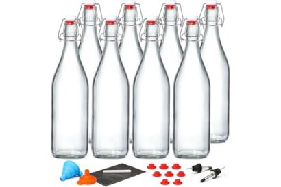 8 Pack [1 L / 33 fl. oz.] Swing Top Glass Bottles w/Airtight Stopper Lids – Flip Top Brewing Bottle for Fermentation, Kombuch