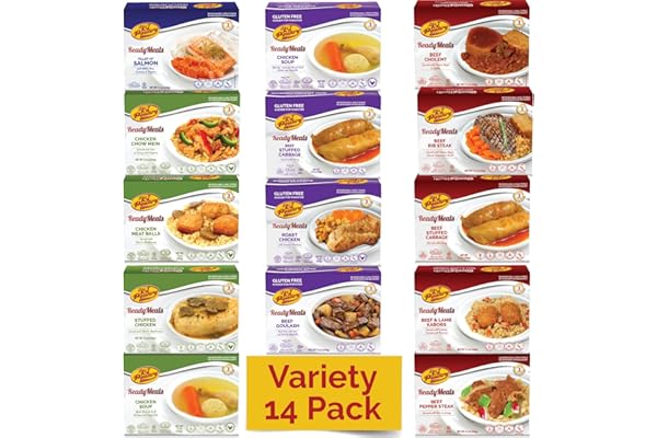KJ Poultry Kosher Ready Meals - Chicken, Beef and Salmon Fish (14 Pack Variety) Prepared Entree Fully Cooked, Shelf Stable Mi