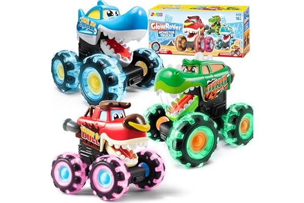 JOYIN 3 Pack Monster Truck Toy - Motion Activated Light Up Cars for Toddlers - Monster Glow Rover LED Wheels - Baby Boy Toys