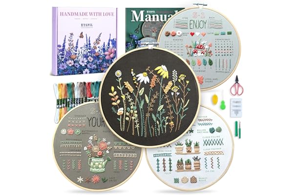 ETSPIL Embroidery Kit for Beginners, 4 Floral Patterns, Learn 33 Stitches, Pre-Printed Fabric, 7.8-Inch Hoop, Colored Threads