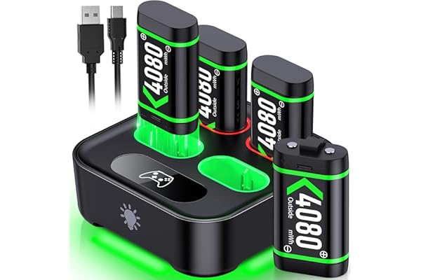 Upgraded Fast Charging Rechargeable Battery Packs with Light Control, 4x4080mWh Xbox Controller Batteries with Charger Dock f