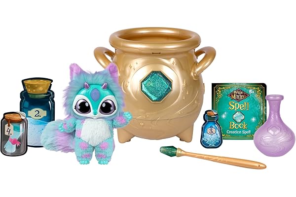 Magic Mixies - Magical Real Misting Gold Cauldron with 8 Inch Non-Electronic Plush Toy. Follow The Spell Book Add The Magic I
