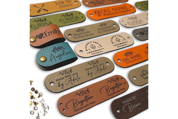 Customized 2.75 x 0.75 inches Faux Leather Product Tags with Rivets, Personalized Tags for Knitting Crochet, Cute Labels Hand