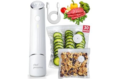 Chef Preserve Compact Vacuum Sealer for Food (Vacuum Sealer Machine + 30 Reusable Vacuum Bags) Powerful Handheld Vacuum Seale