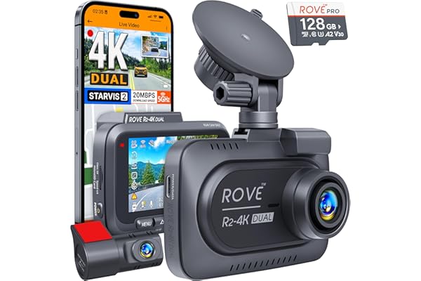 ROVE R2-4K DUAL Dash Cam Front and Rear, STARVIS 2 Sensor, FREE 128GB Card Included, 5G WiFi - up to 20MB/s Fastest Download