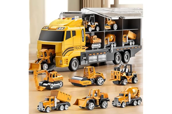 NIPLOOOW Toddler Boys Construction Truck Vehicle Toy Set with Play Mat and Die-Cast Toy Car, Transport Carrier Truck for Kids
