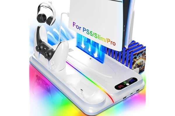 PS5 Cooling Station for PS5/Slim/Pro Disc Digital Console,PS5 Fan Cooling Fan with Dual PS 5 Controller Charger,3 Level Fan,