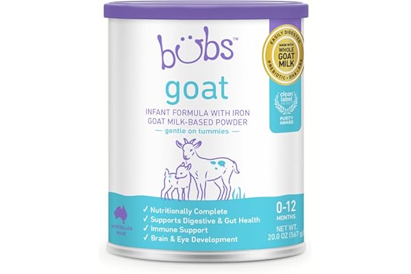 Bubs Whole Goat Milk Formula with Iron, Goat Milk-Based Powder, for Infants 0-12 Months, Made with Non-GMO Goat Milk, 20 oz