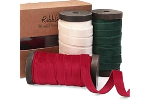 Ribbli Red White Green Velvet Ribbon 3 Rolls Double Faced 3/8 Inch 18-Yard with Wooden Spool Use for Christmas Tree Ornaments