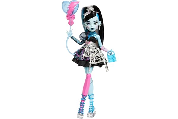 Monster High Scary Sweet Birthday Doll, Frankie Stein in Black Party Dress with Themed Accessories Like Invite, Balloon, Toy,