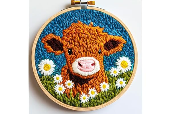 DIY Punch Needle Kits for Beginners Cute Cartoon Highland Cow with Daisy Flower with Hoop Embroidery Punch Needle Starter Cra