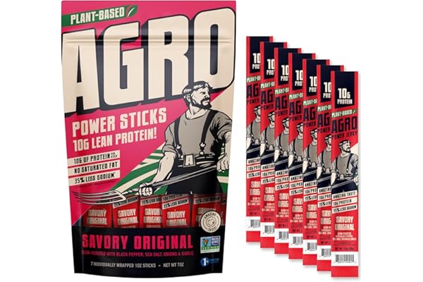 AGRO POWER Vegan Jerky Sticks, Savory Original Plant-Based, 7 Stick Bag with 10g Protein, Non-GMO, 40% Less Sodium, Zero Chol