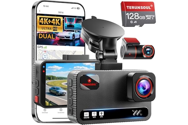 TERUNSOUl 4K+4K Dash Cam Front and Rear, Free 128GB Card Included, 5.8GHz WiFi Dash Camera for Cars, Built-in GPS, G-Sensor,