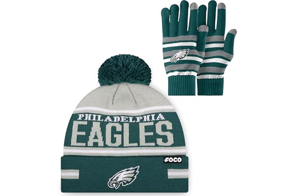 FOCO NFL unisex-adult Nfl Team Logo Adult Stretch Gloves With Big Wordmark Strip Pom Knit Hat Beanie Set